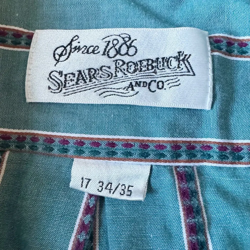 Sears Roebuck Vintage Button Down Shirt Men's 17 34/35 Blue Western Retro‎